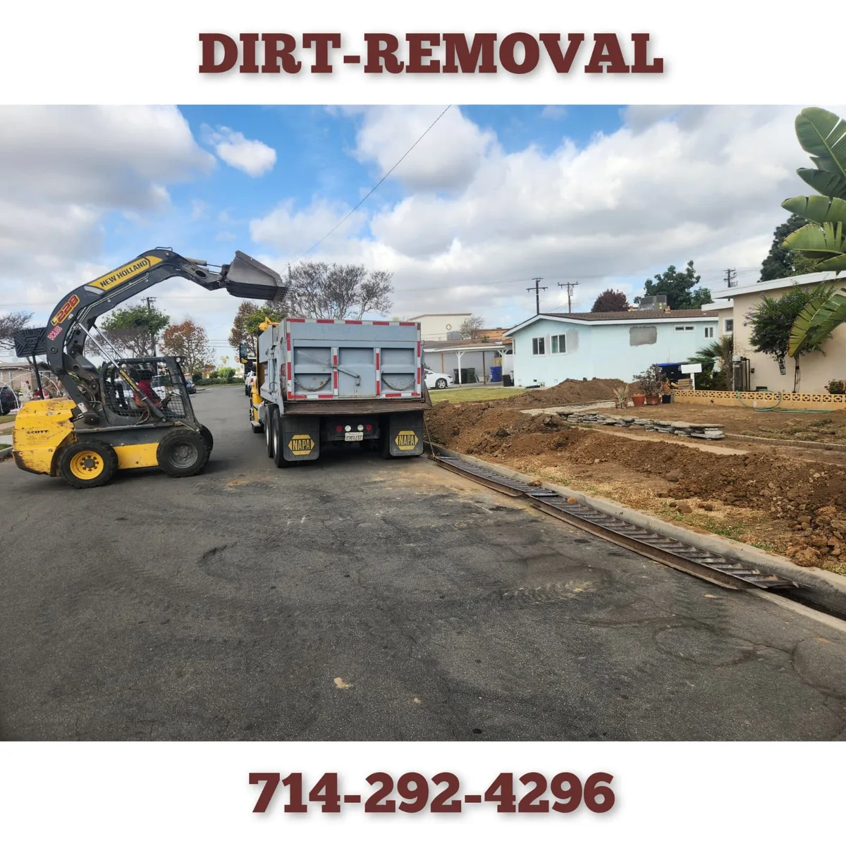 Dirt removal Orange, CA, a skid steer loading dirt into a Joe's Junk and Trash Removal dump truck