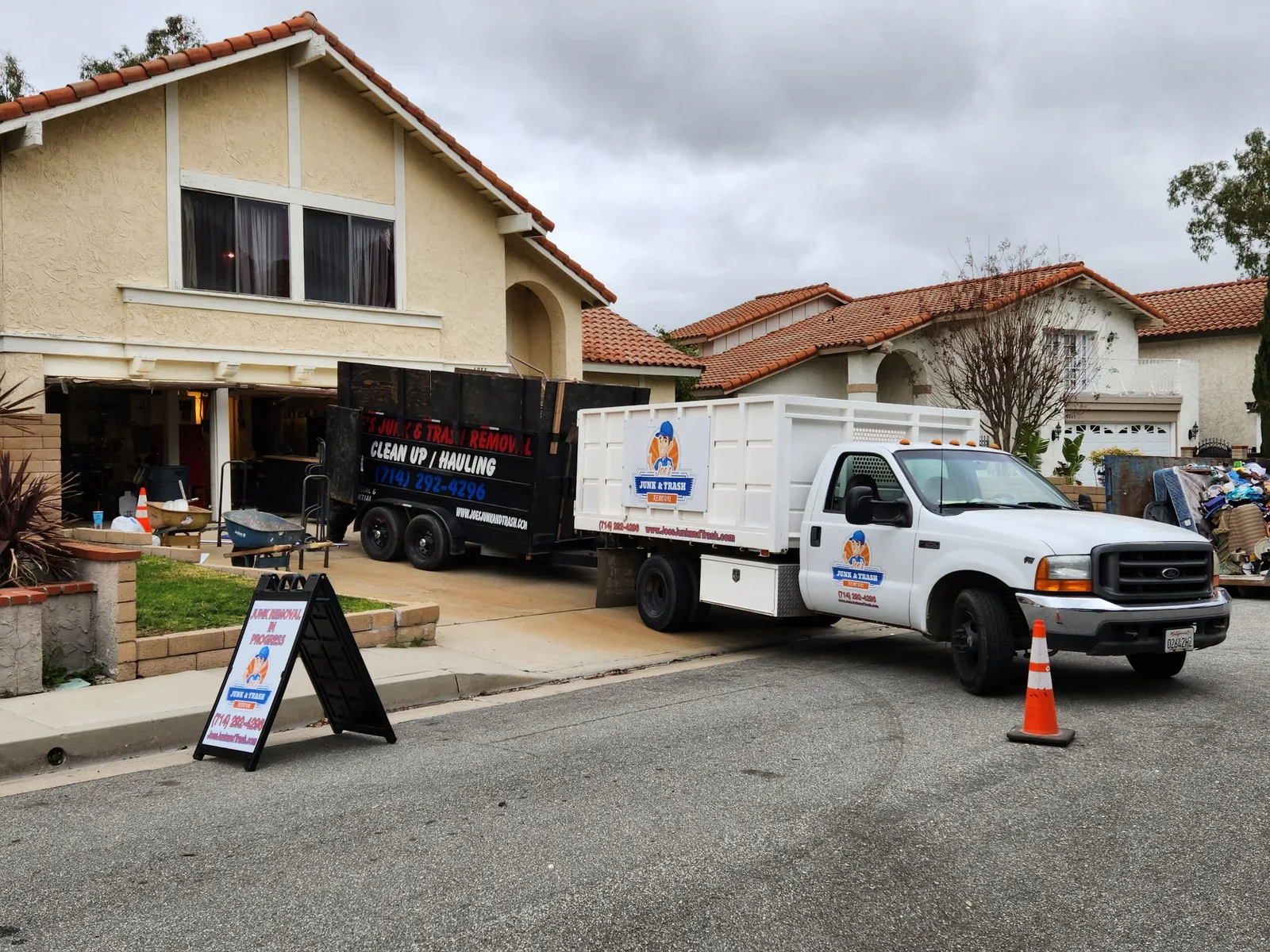 Junk removal Orange County, CA, Joe's Junk and Trash Removal truck and trailer at a home